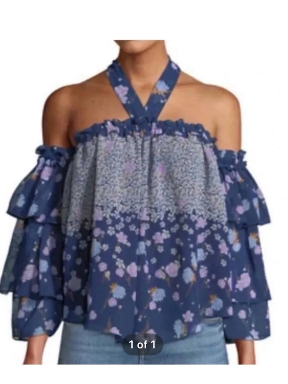 Misa Los Angeles Shoulder Navy Floral Halter Blouse